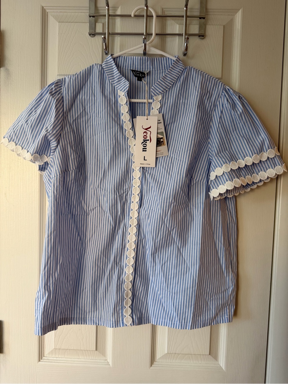 Yeokou Blue Stripe Short Sleeve Blouse with Lace Trim